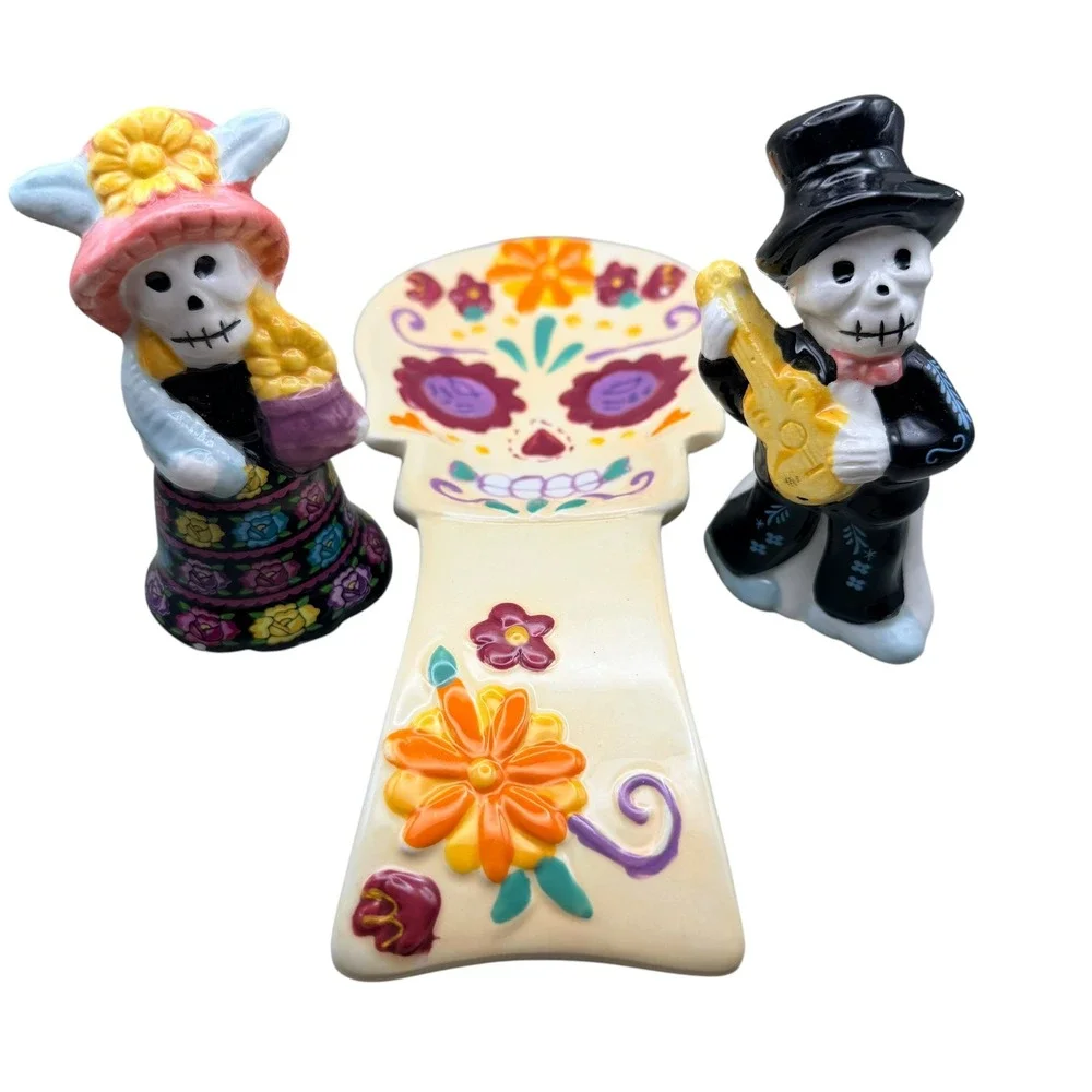 Day of the Dead Sugar Skull Spoon Rest and Calavera Salt Pepper Shaker Set 3pc